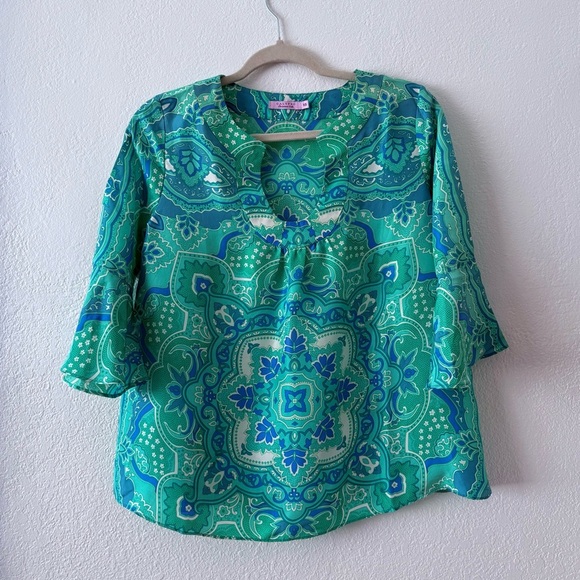 Calypso Christiane Celle XS Green Blue Paisley 100% Silk Blouse Bell Sleeve - Picture 3 of 8